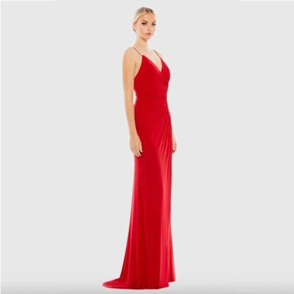 NWT MAC DUGGAL Faux Wrap V Neck Open Back Gown Red 14 - Picture 2 of 8